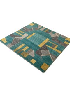 Ruby Dede Mid-Century Modern Geometric Teal Blue/Gray/Gold Area Rug (synthetic illustration; no displayed measurements)