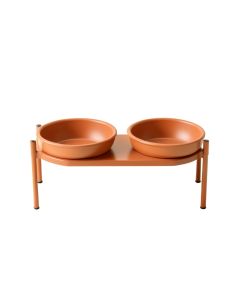 Clay Canyon Pet Feeding Stand With Two Plain Empty Bowls - Terracotta (synthetic illustration; no displayed measurements)