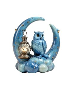 Celestial Bookworm Carrying Lantern And Owl Sitting On Crescent Moon Clouds And Stars Statue