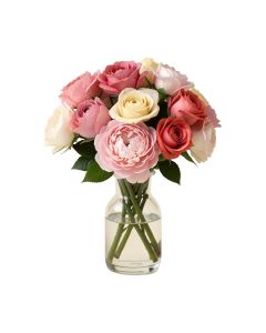 Peony Rose Mixed Floral Arrangement In Glass Vase