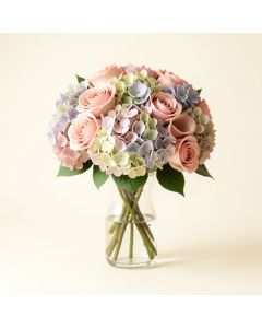Faux Rose And Hydrangea Floral Arrangement In Glass Vase (synthetic illustration; no displayed measurements)