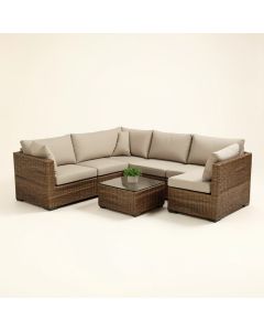 Elijah Outdoor Patio 7 Piece Rattan Sectional Seating Group With Cushions (synthetic illustration; no displayed measurements)