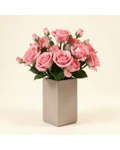 Pink Real Touch Garden Roses & Buds Water Illusion Arrangement In Moden Rectangle Vase (synthetic illustration; no displayed measurements)