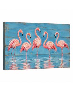 Flamingos On Blue - Print On Wood