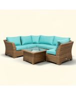 Latitude Run® 8Pcs Rattan Patio Conversation Set Outdoor Furniture Set W/ Turquoise Cushions (synthetic illustration; no displayed measurements)