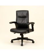 Black Leather Chair With Padded Arms (synthetic illustration; no displayed measurements)