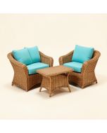 Winston Porter Rattan Wicker Patio Conversation Set W/ Table Turquoise Cushion (synthetic illustration; no displayed measurements)